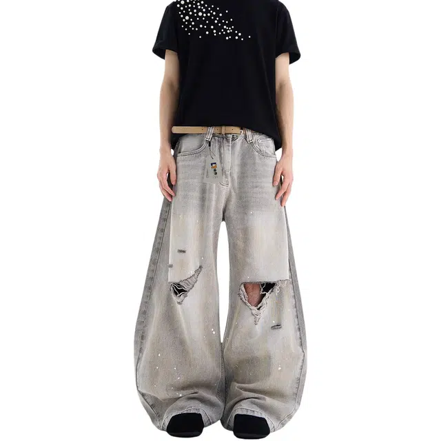 地界二 美式高街泼墨脏染水洗破洞弯刀男街头潮牌宽松休闲阔腿裤泼墨脏染水洗破洞宽松潮流中腰长裤牛仔裤 男款