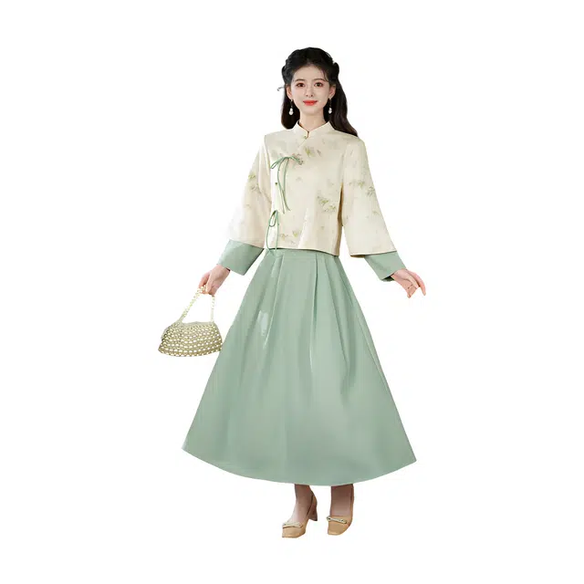 荟萃阁 新中式国风斜襟盘扣立领系带改良印花汉服长袖上衣半身裙裙装套装 女款