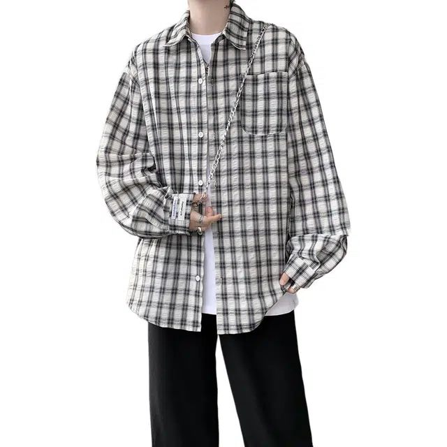 冈哉 美式基础款长袖秋款大码格纹垂感痞帅衬衣设计防晒宽松开衫外套少年感空调舒适打底内搭潮搭衬衫 男女同款