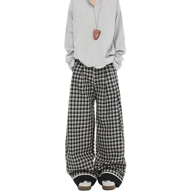 极限涡轮 复古黑格子薄款高腰卷边阔腿宽松垂感拖地牛仔裤 男女同款