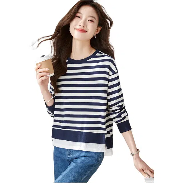 沐晓欣 秋季时尚休闲条纹圆领长袖假两件上衣高级感卫衣 女款
