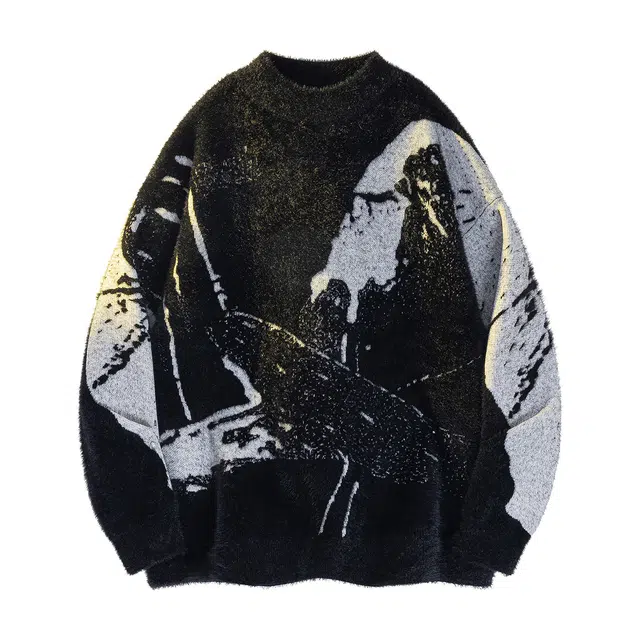 快鱼 高级绒感美式高街系列不规则泼墨扎染半高领设计舒适慵懒宽松内搭加厚保暖打底针织长袖毛衣 男女同款