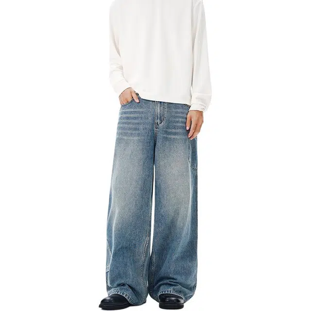 么宁 美式复古水洗宽松直筒裤个性痞帅简约百搭舒适透气耐穿耐磨潮流时尚休闲阔腿牛仔裤 男女同款