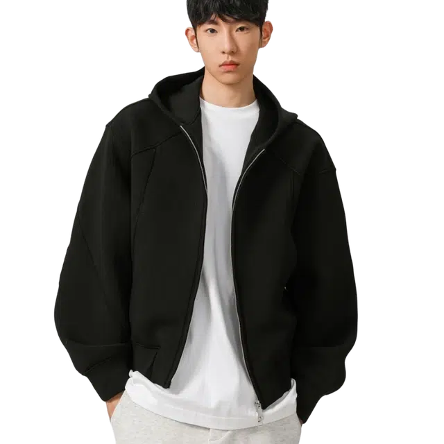 一碗士多 纯色多拼接褶皱双头金属拉链撞色小众设计个性创意百搭潮流宽松休闲时尚美式复古日常户外通勤痞帅简约防风保暖卫衣 男女同款