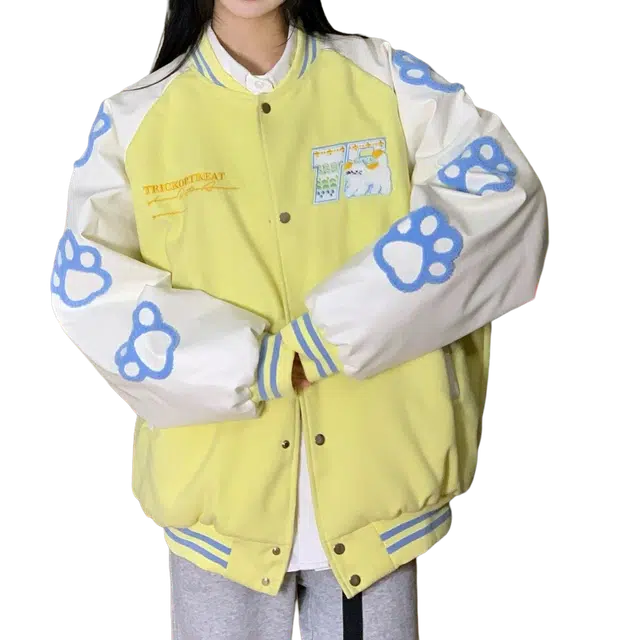 一碗士多 猫咪爪印刺绣英文字母拼接撞色条纹下摆单排扣个性创意小众设计时尚百搭日常户外通勤宽松休闲潮流学院风防风保暖夹克 男女同款