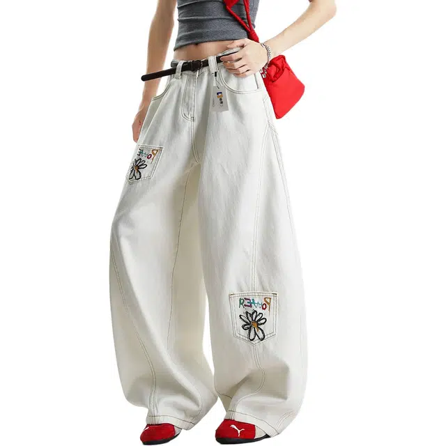 地界二 美式复古解构花卉印花弯刀男街头潮牌宽松休闲阔腿裤花卉印花弯刀街头潮牌宽松潮流中腰牛仔裤 男款