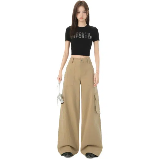 淑好百 多口袋设计复古阔腿高腰牛仔裤 女款