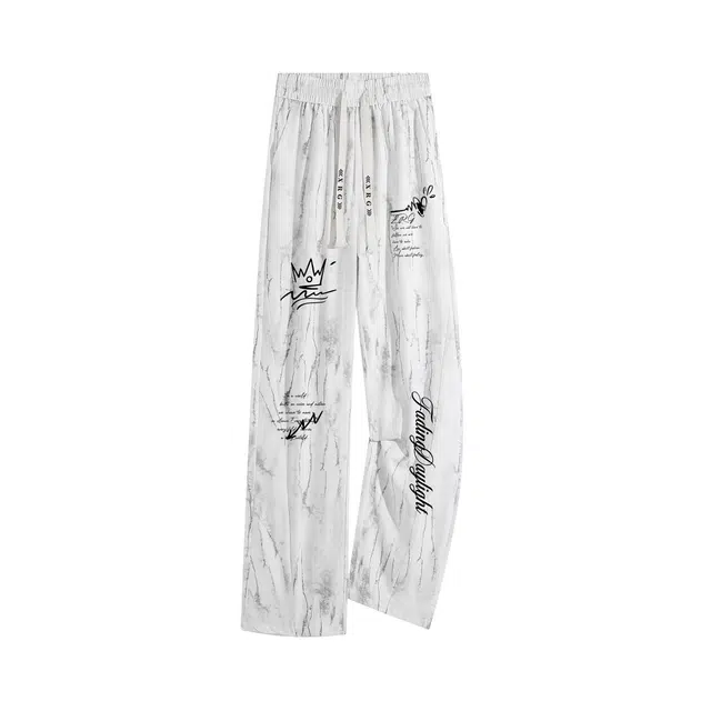 梓润格 夏天穿的扎染美式满印设计超吸睛薄款冰丝料冰爽透气速干不闷汗松紧腰加刺绣抽绳宽松直筒垂感佳显瘦休闲裤 男女同款