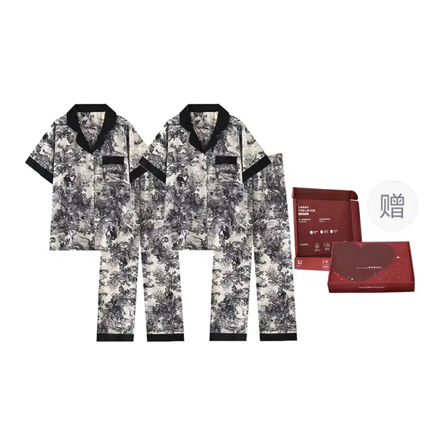 顶瓜瓜 棉质短袖长裤翻领开衫国风休闲情侣家居服夏季睡衣礼盒 男女同款