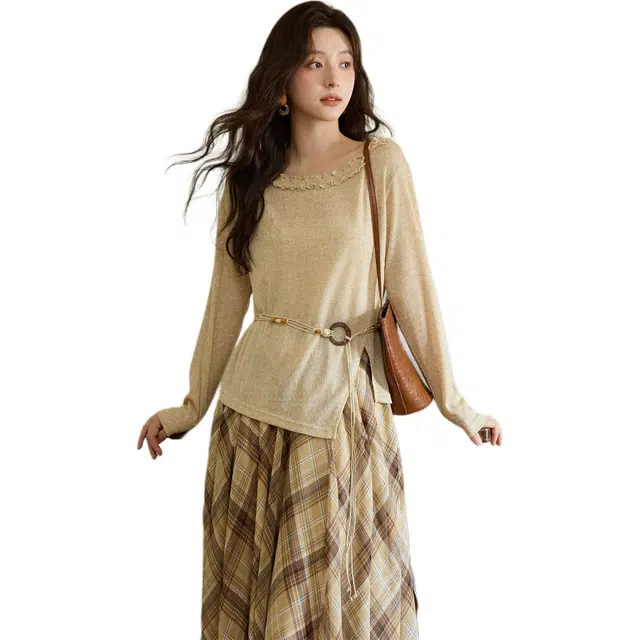 谜秀 杏色苎麻波西米亚针织衫 女款