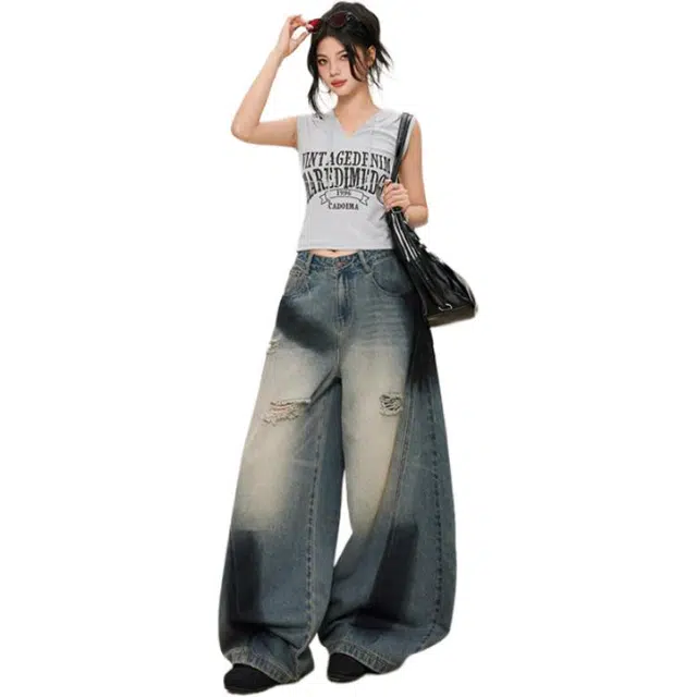 淑好百 破洞怀旧喷绘中低腰牛仔裤 女款