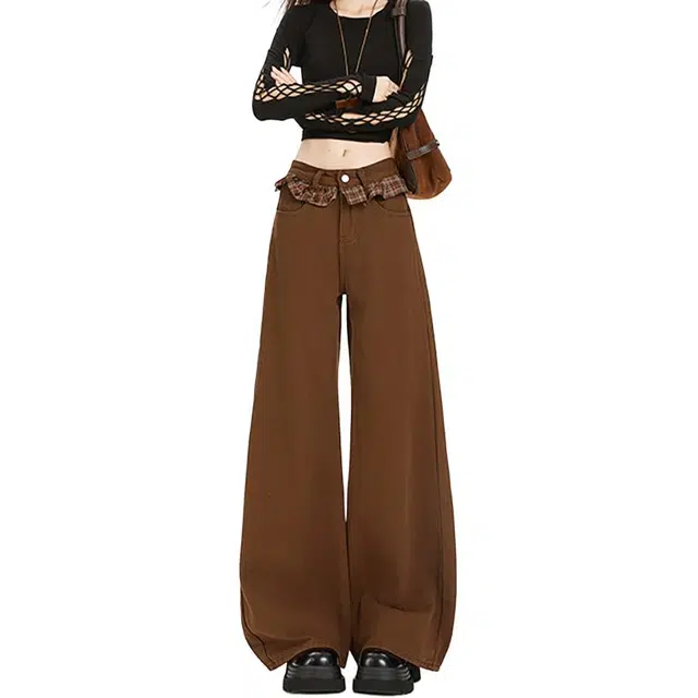 如续 美式复古格子花边绑带女年早秋时尚宽松显瘦阔腿裤牛仔裤 女款