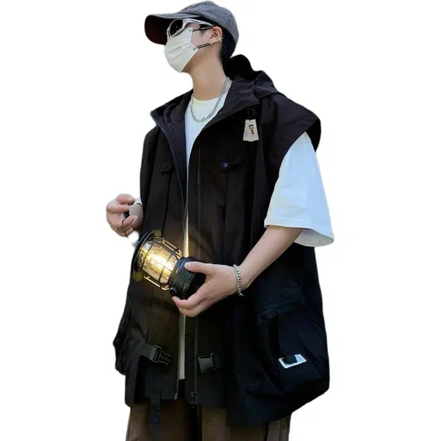 地界二 日系潮牌背心连帽工装夹克男简约帅气穿搭户外机能风坎肩外套简约帅气穿搭连帽马甲 男款