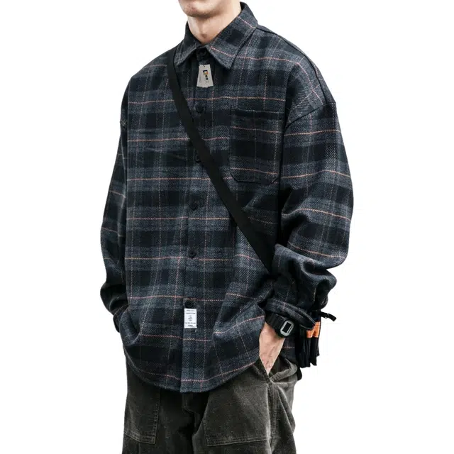 地界二 日系复古磨毛格子长袖男潮牌宽松毛呢衬衣休闲工装外套复古磨毛格子长袖衬衫 男款