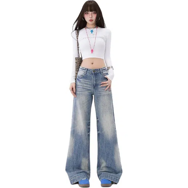 拾籍 复古风美式设计潮流时尚高腰显瘦宽松舒适显腿长直筒阔腿牛仔裤 女款