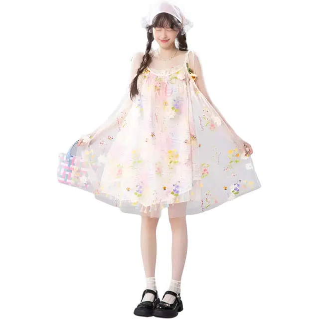 沐晓欣 两件套多巴胺甜美小个子碎花吊带连衣裙搭配刺绣罩衫背心裙女裙装套装 女款