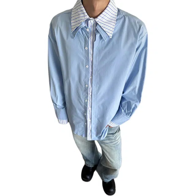 冈哉 美式条纹假两件拼接长袖秋款垂感痞帅衬衣设计防晒宽松开衫外套少年感空调舒适打底内搭潮搭衬衫 男女同款