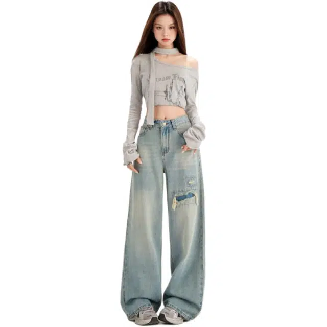 淑好百 复古水洗磨损高腰牛仔裤 女款