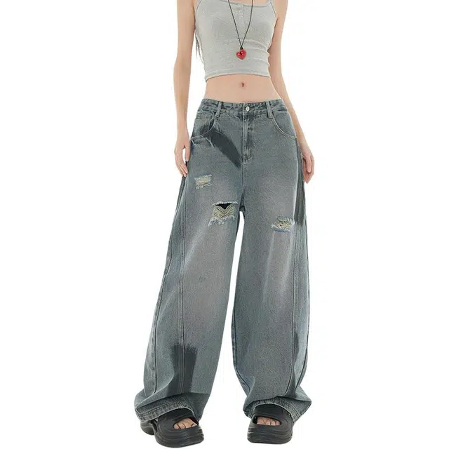 极限涡轮 弯刀阔腿拼接结构破洞喷绘做旧宽松垂感长裤牛仔裤 男女同款