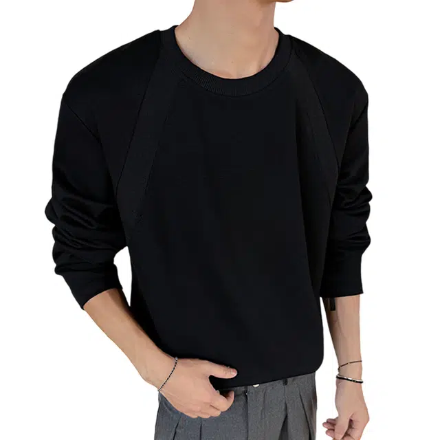 冈哉 螺纹拼接纯色简约基础款设计美式复古解构圆领重磅宽松百搭舒适休闲卫衣 男女同款