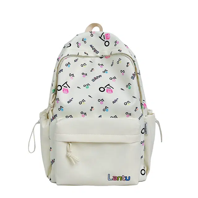 南潇湘 开学书包美式涂鸦高颜值潮流大容量女高中生大学生美式小众设计百搭背包 尼龙 双肩包 大号 男女同款情侣款 米色 绿色 蓝色 粉色