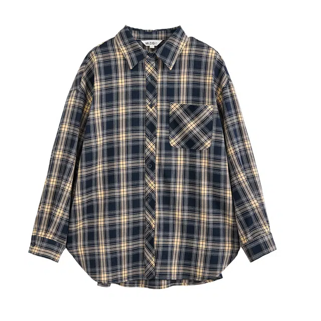 米子旗 长袖格子秋季常规通勤风宽松开衫衬衣叠穿外套休闲衬衫 女款