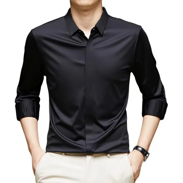 卡丹狄诺 无痕纯色暗门襟垂顺高弹舒适简约衬衣轻商务休闲春秋季长袖衬衫 男款