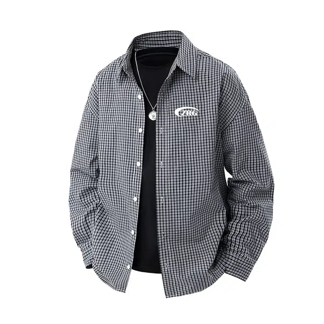 梓润格 宽松简约美式复古休闲格子舒适高级设计氛围感户外运动酷飒字母无性别主义青春感学生通勤时尚潮流纽扣商务高街穿搭衬衫 男女同款