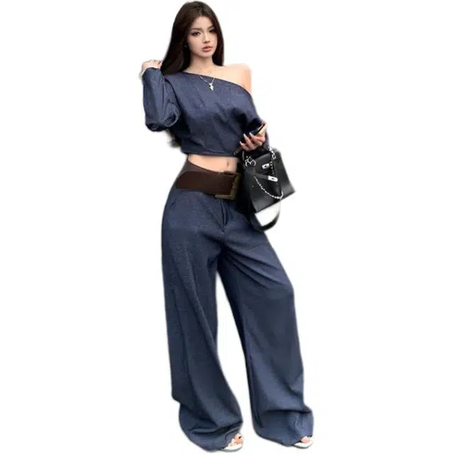 缪斯的诱惑 气质穿搭一整套女高级感复古斜肩上衣百搭阔腿裤休闲套装 女款