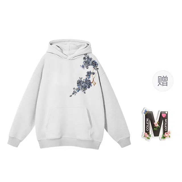 棉购 渐变青花刺绣重磅上衣万针绣花潮流时尚绒衫学生休闲百搭宽松卫衣 女款