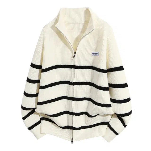 吾皇猫 美式高街条纹针织开衫外套双开拉链立领外穿宽松长袖通勤百搭毛衣 男女同款