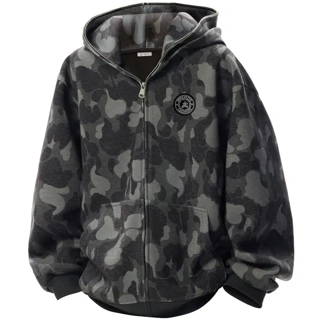 稻草人 美式复古高街潮牌学院风双层连帽品牌字母图案设计宽松休闲户外运动通勤百搭舒适高级感长袖落肩迷彩卫衣 男女同款