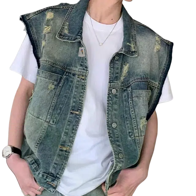 地界二 美式潮牌复古水洗磨破短款男夏季高街百搭无袖坎肩外套复古水洗磨破宽松型潮马甲 男款