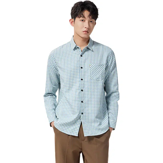 瑞梵帝斯 夏季格子设计翻领休闲松弛感透气内搭潮流韩版修身商务秋季时尚都市口袋上衣长袖男士衬衫 男款