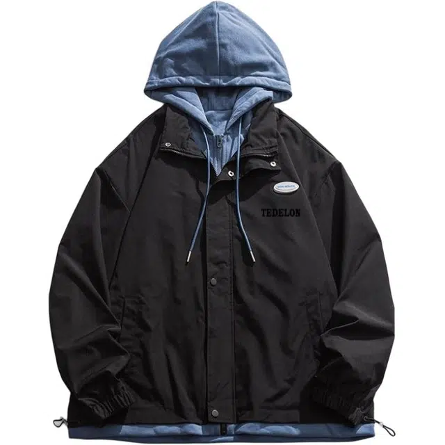 太子龍 美式复古假两件基础简约学院风防风宽松休闲潮流百搭连帽长袖外套夹克 男款