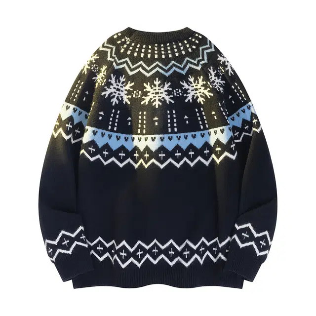 快鱼 潮流时尚复古圆领提花设计针织打底衫休闲百搭宽松通勤套头插肩舒适保暖毛衣 男女同款