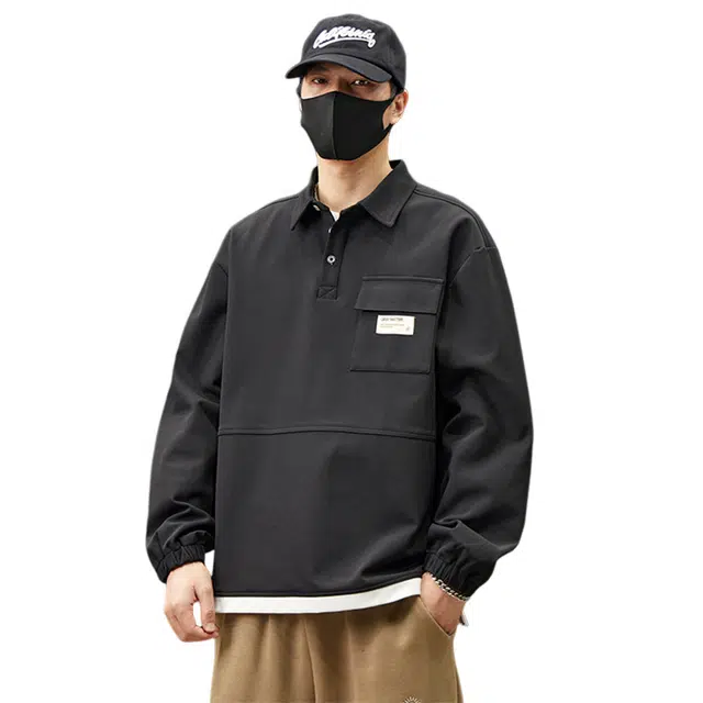 赛瀚 大码体恤男生宽松舒适长袖上衣外套美式潮牌高街风翻领套头口袋徽章设计基础款青少年时尚百搭潮流帅气日常通勤休闲卫衣 男女同款