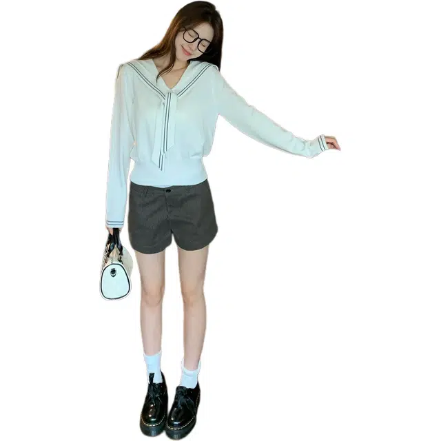 沐晓欣 上衣小众潮流海军领披肩修身短款内搭衫女生针织衫 女款