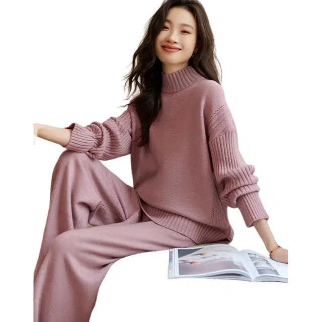 Mohan Yimei Solid Thick Split Top Wide Leg Pants Set Pink