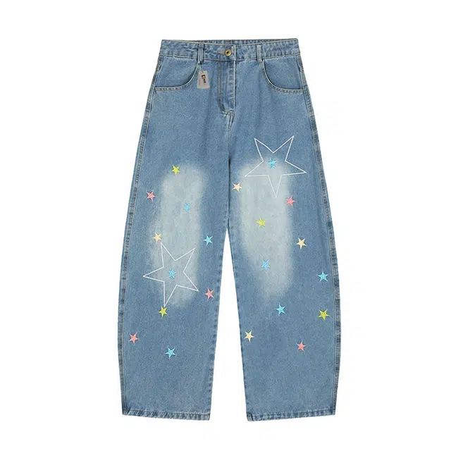 地界二 美式复古水洗做旧星星刺绣男高街潮牌宽松休闲阔腿弯刀裤水洗复古星星刺绣宽松潮流中腰长裤牛仔裤 男款