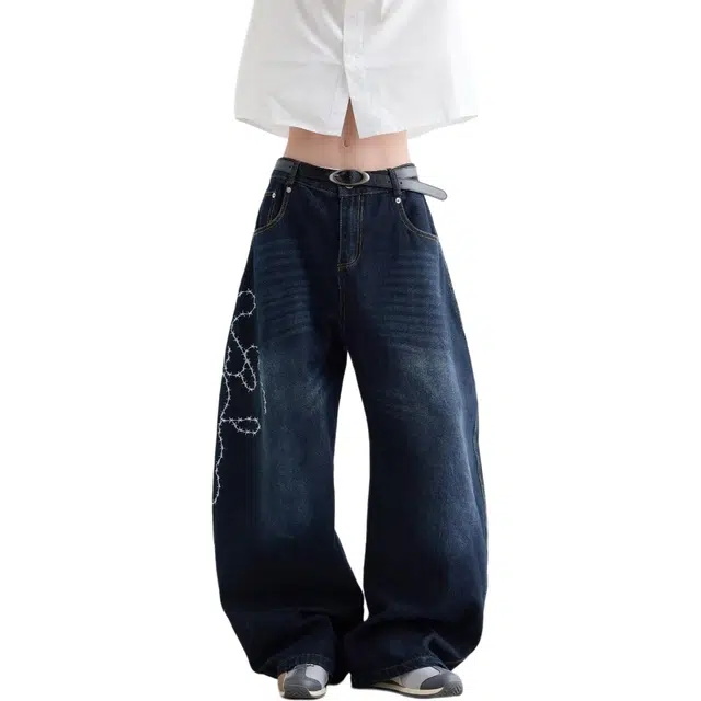 洞洞拐 碎花刺绣破坏美式街头宽松水洗直筒花瓣拖地长裤牛仔裤 男女同款