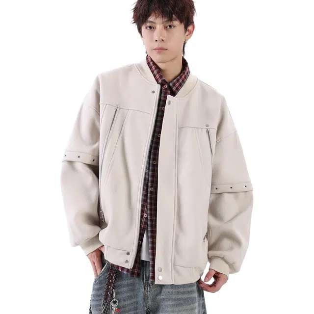 袋鼠 美式解构双拉链呢料潮牌痞帅小众高级感设计宽松慵懒运动棒球服上衣外套夹克 男女同款