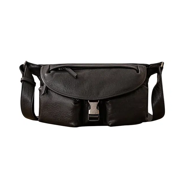 后步 复古高级感百搭简约个性通勤 牛皮 单肩斜挎包 男款 黑色