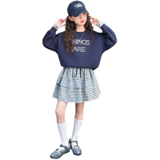 儿童款 木木兔裙装套装 时髦洋气秋季女童裙子 大童 学院风甜美格子裙两件套 柔软百搭潮流青春时尚