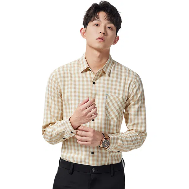 瑞梵帝斯 潮流韩版修身商务休闲秋季时尚都市文艺风翻领口袋复古高街格子衬衣多巴胺扎染百搭长袖男生衬衫 男款