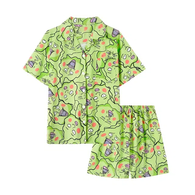 泡泡陷阱 可爱搞怪小酒窝家居服短袖短裤卡通动漫小翻领睡衣套装 男女同款