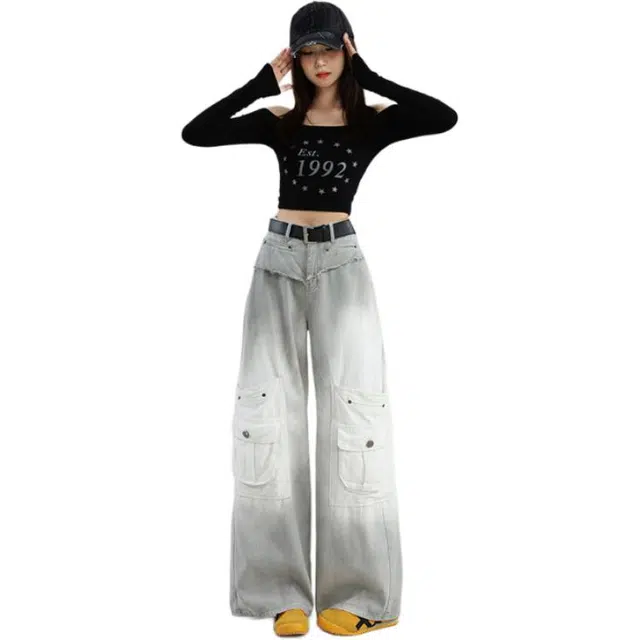 淑好百 宽松扎染设计感显瘦高腰牛仔裤 女款