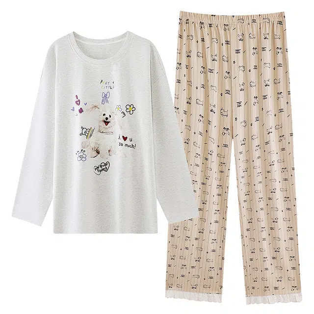 欧诗帛 春秋季舒适可爱风纯棉长袖卡通可外穿宽松两件套家居服睡衣套装 女款