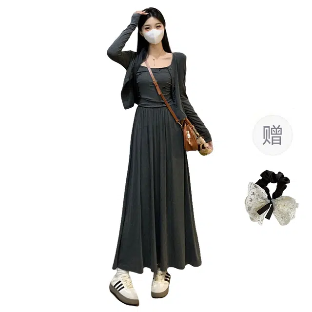 涂诗菲 法式蝴蝶结设计感压褶收腰吊带连衣裙慵懒风长袖开衫两件套裙装套装 女款