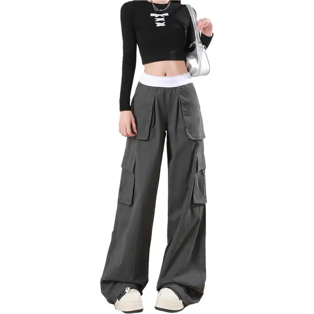 敲模女孩 美式复古宽松休闲阔腿拖地长裤子大口袋潮流工装裤 女款